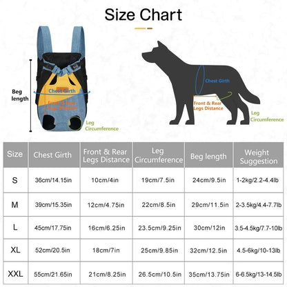 Size chart for pet backpack carrier for small dogs with chest girth, leg circumference, and weight guide