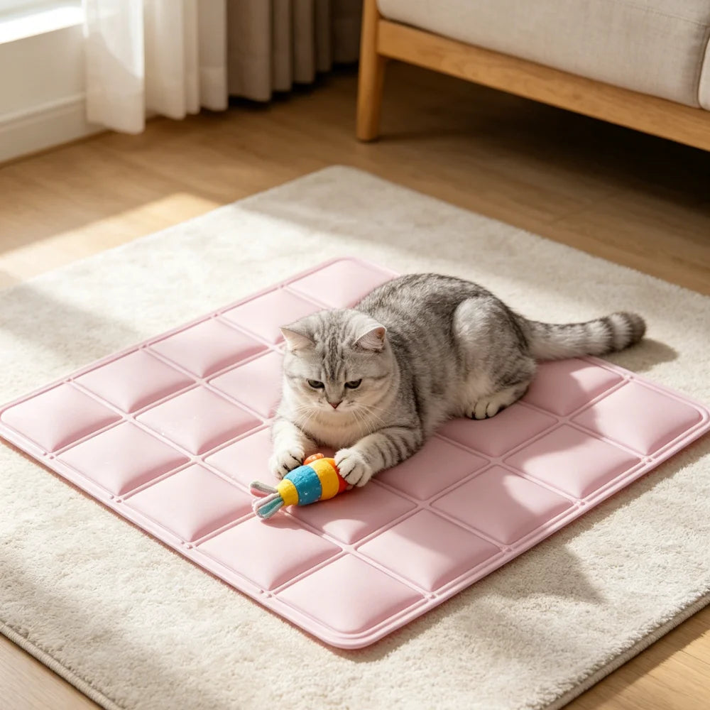 cooling gel pet mat pink grid mat for cats, indoor/outdoor heat relief sleeping pad