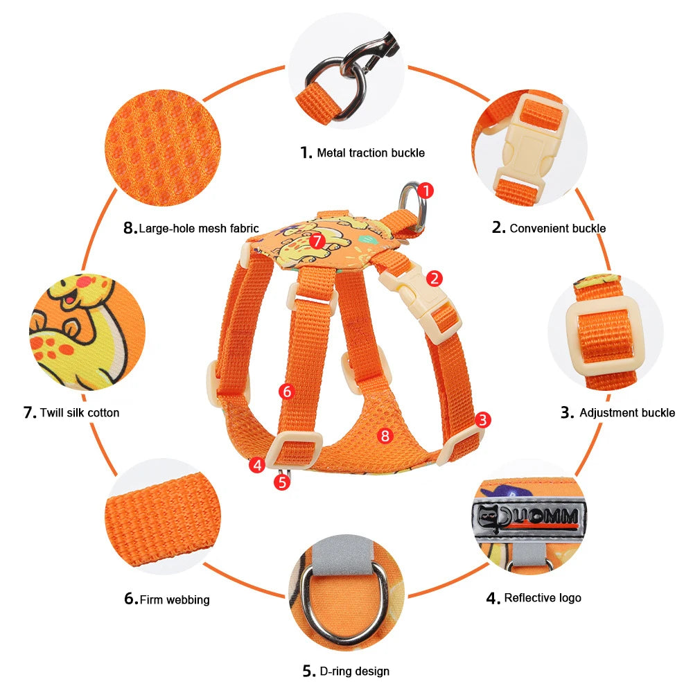 puppy print dog harness and leash set adjustable padded vest with reflective logo, D-ring, and secure buckle for small dogs