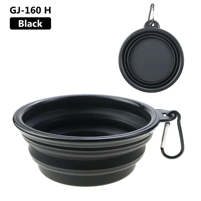 Black collapsible pet travel bowl with clip, durable silicone TPR portable food and water bowl for cats and dogs