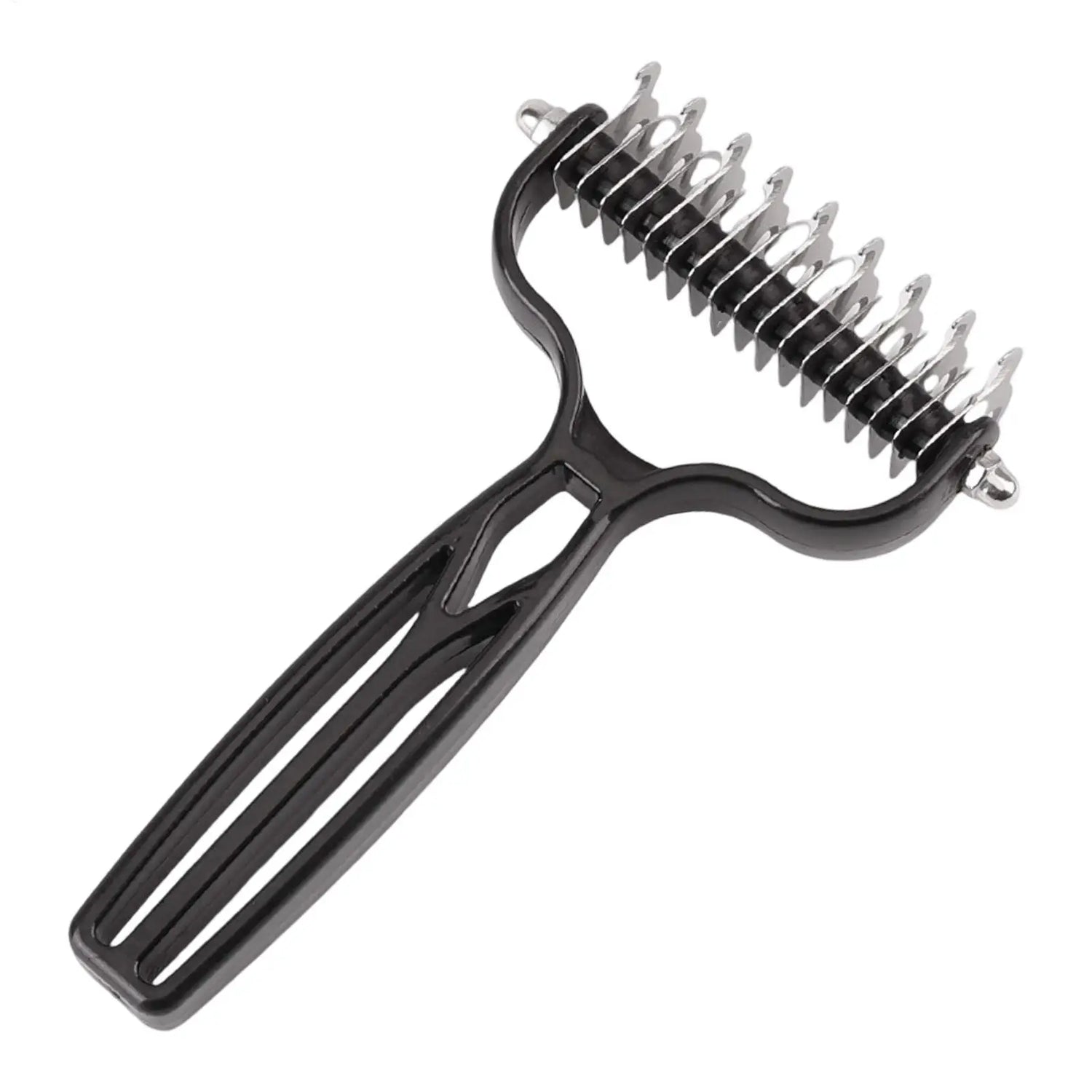 pet deshedding brush with stainless steel blades for dog and cat grooming, removes loose fur and knots