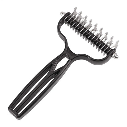 pet deshedding brush with stainless steel blades for dog and cat grooming, removes loose fur and knots
