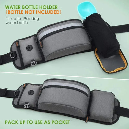 Gray dog walking belt with zippered pockets and water bottle holder, shown with collapsible bowl.