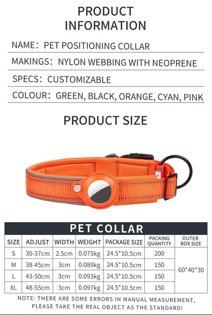 Customizable nylon pet positioning collar in orange with reflective stitching and size chart.
