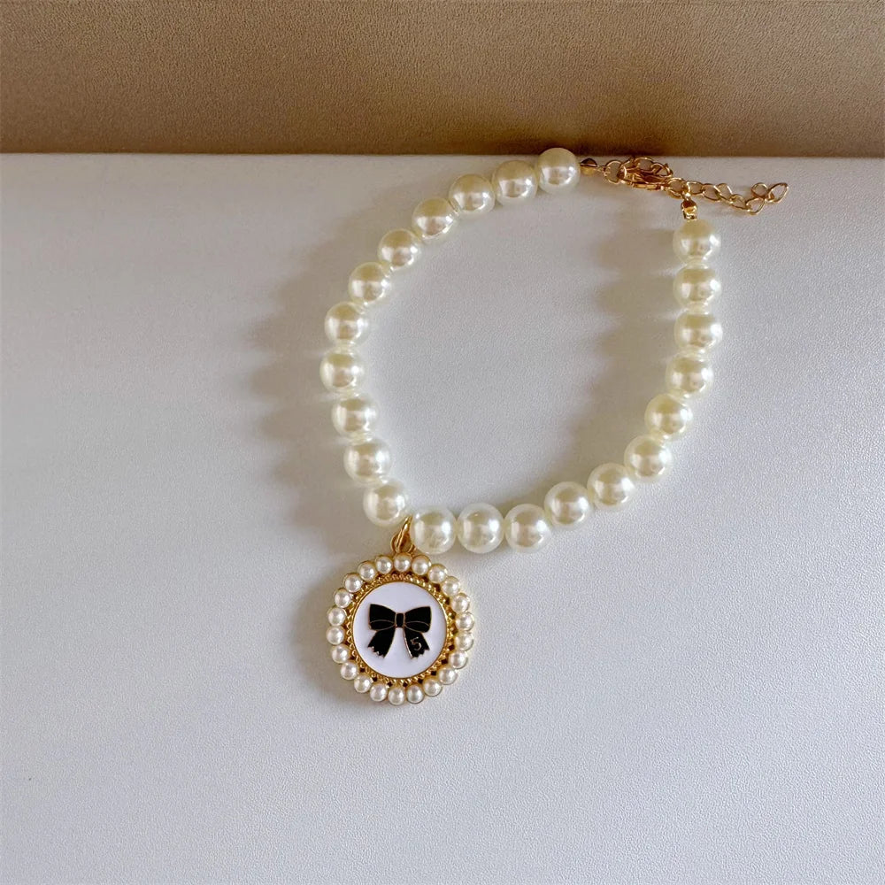 pet pearl necklace collar luxury white pearl pet collar with bow pendant and gold buckle for dogs and cats
