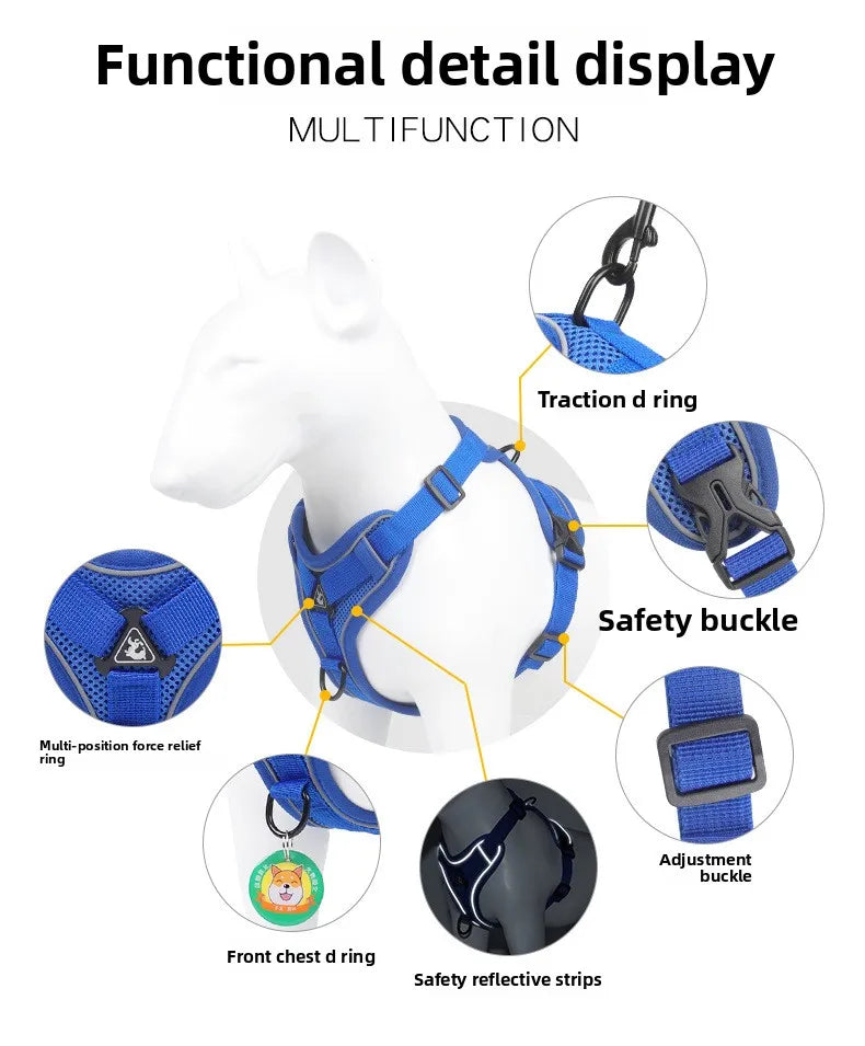 reflective cat harness and leash set, breathable blue mesh harness with safety buckle, front chest ring, and adjustable fit