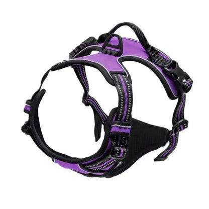 Purple no pull dog harness with reflective nylon vest, front clip, handle, buckle closure for medium to large dogs