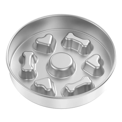 Stainless steel slow feeder dog bowl with bone-shaped ridges, anti-choking design, double-sided use, and spill-resistant silver finish