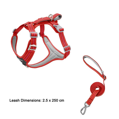 Dog Leash Anti-Pull Pet Harness Comfortable Outdoor Dog Leash Reflective Dog Harness Durable and Stain-Resistant with dimensions.