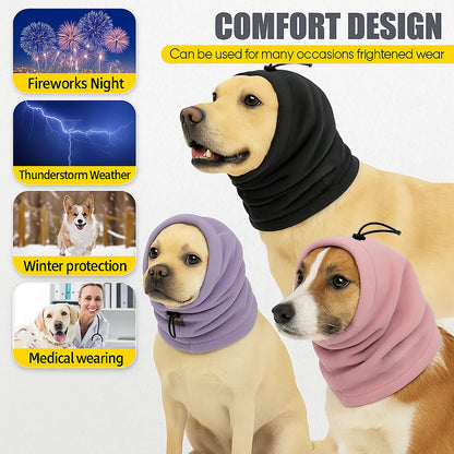 Three dogs wearing soft, colorful calming hoods for noise and weather protection