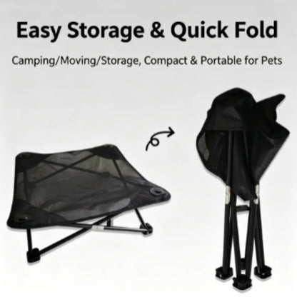 Portable waterproof raised mesh dog bed with quick-fold design for camping, storage, and cooling pet comfort.