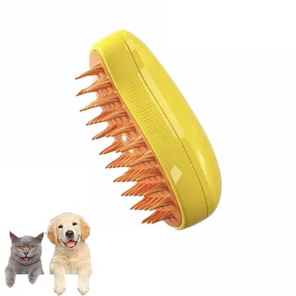 Yellow pet steam grooming brush electric sprayer massage comb for cats and dogs, 3-in-1 shedding tool