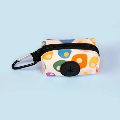 dog poop bag dispenser, size L, double round stone pattern, portable dog leather strap attachment, colorful zip pouch