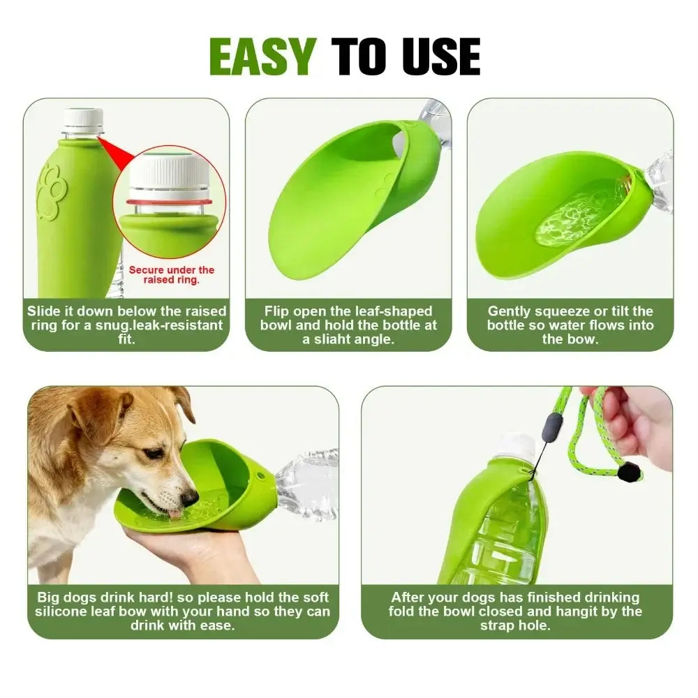 portable dog water bottle with leak-proof leaf bowl design for easy outdoor walks, hikes, travel, and pet hydration