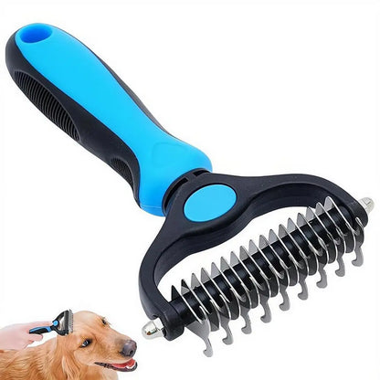 dog deshedding brush for removing loose fur, undercoat, and mats from dogs and cats, blue and black grooming comb