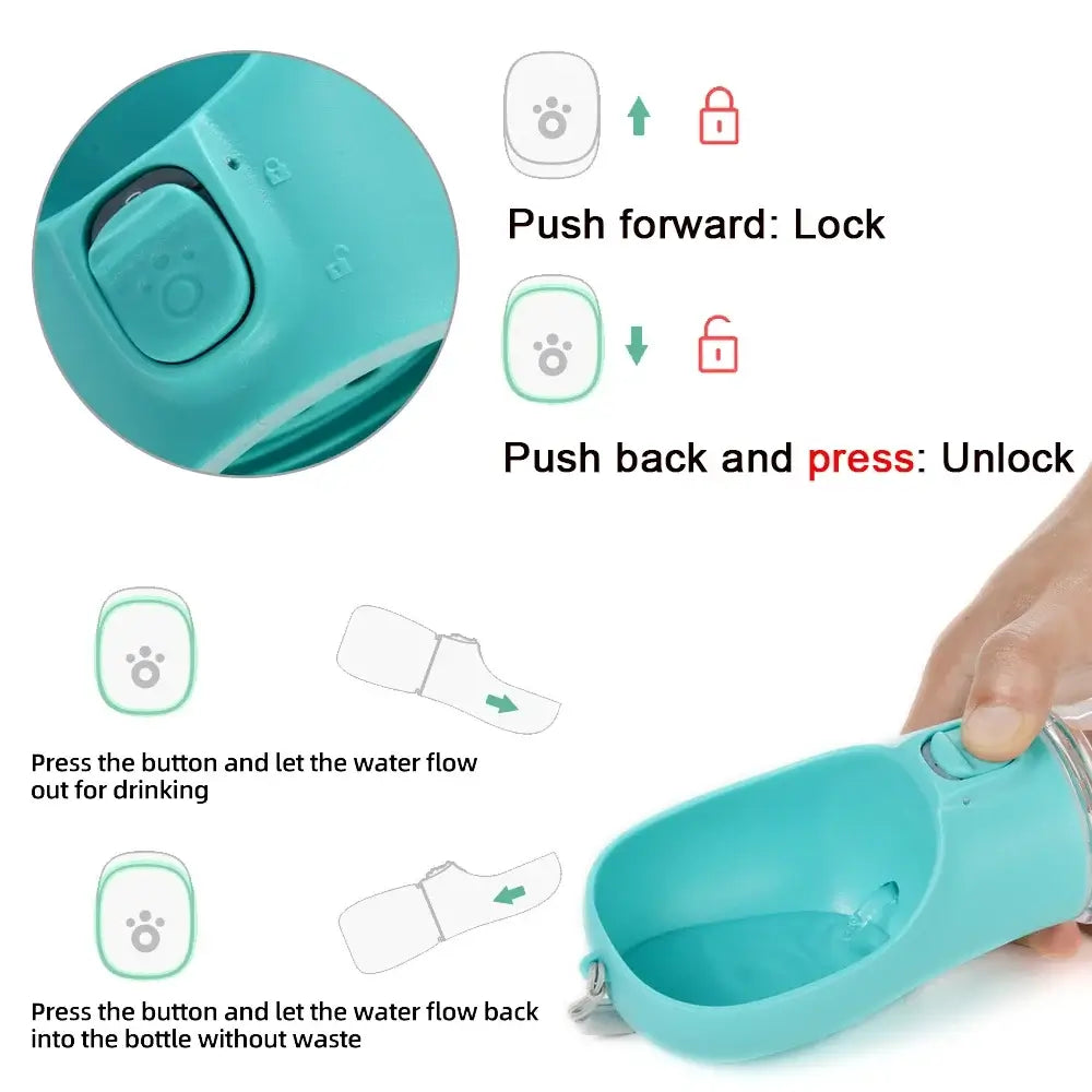Portable dog water bottle with lock button, leakproof drinking bowl for small and large dogs, cats, outdoor walking