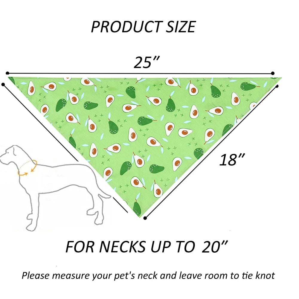 Green avocado print dog bandana, 25 by 18 inches, for necks up to 20 inches.