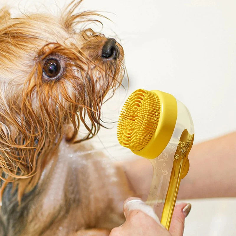 Pet Bathing Brush Long Handle Soft Silicone Shower Clean Tools Grooming Scrubber with Shampoo Dispenser Bath Brush for Dog &amp; Cat