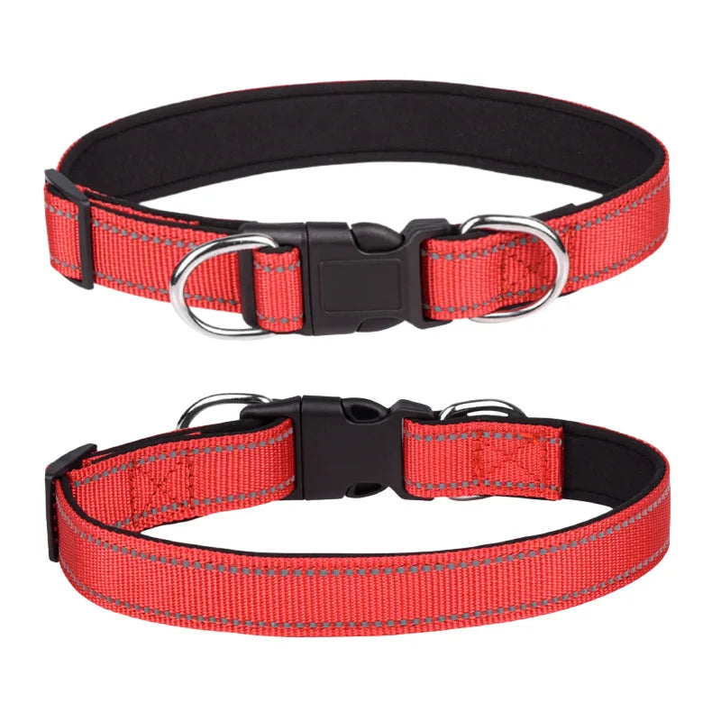 Red adjustable nylon dog collar with reflective stitching and sturdy buckle