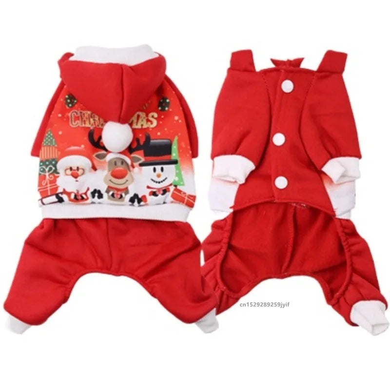 Red Christmas dog pajamas with holiday cartoon print and hood, festive pet apparel
