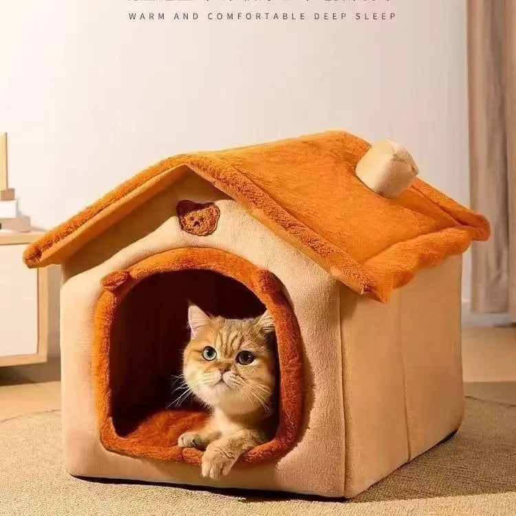Cozy orange dog house style bed for small pets, removable washable coral fleece house bed for winter warmth