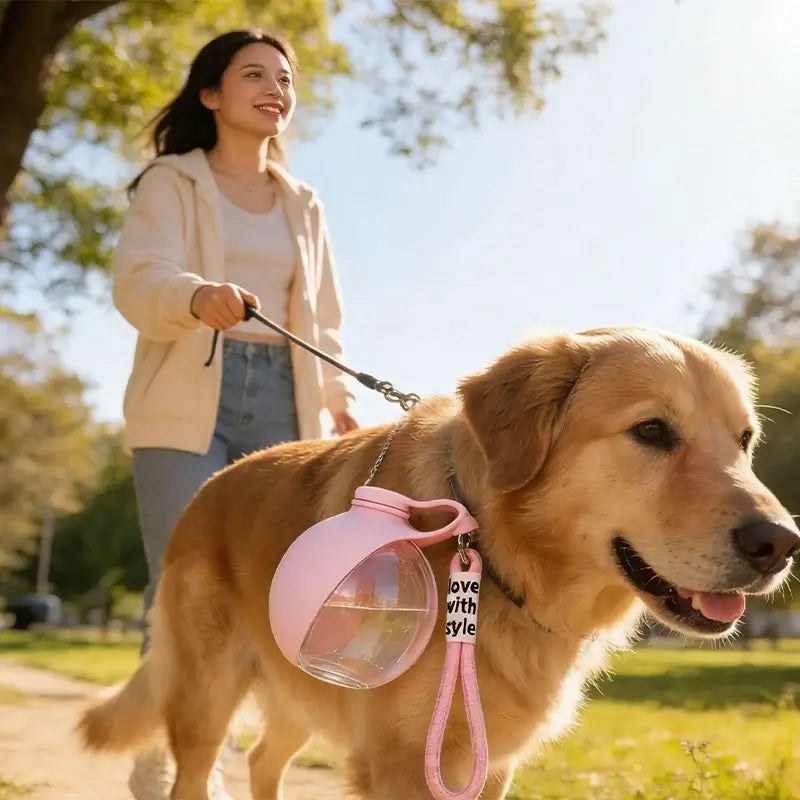 portable dog water bottle on a leashed golden retriever during outdoor walk with owner