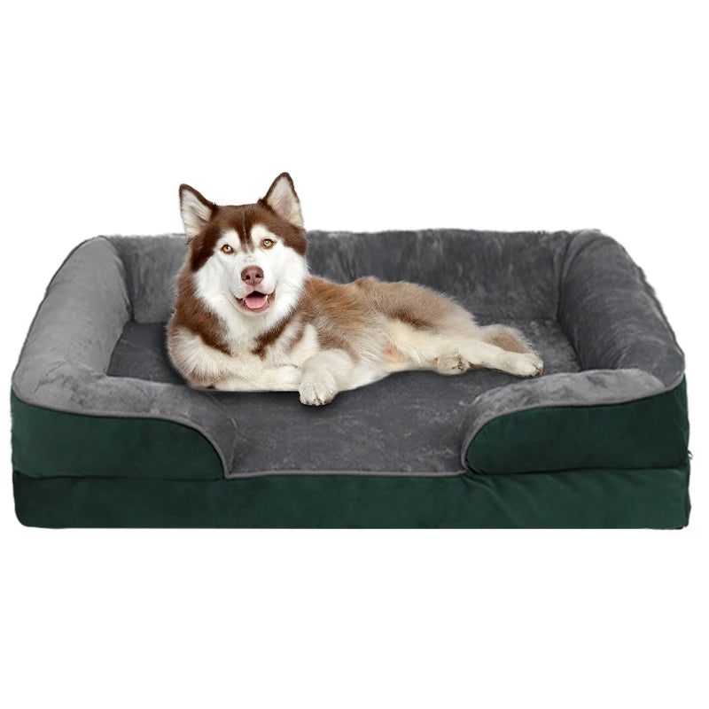 Green orthopedic dog sofa bed with washable coral fleece, removable cover, support foam, extra large all-season comfort