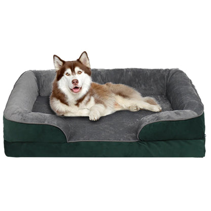 Green orthopedic dog sofa bed with washable coral fleece, removable cover, support foam, extra large all-season comfort