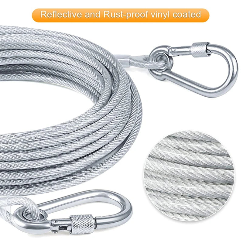 Dog Tie Out Cable,4.6m/9m/15m Dog Leash, Yard Walking Leash, Wire Dog Leash with Premium Clip for Dogs Under 250 lbs close-up.