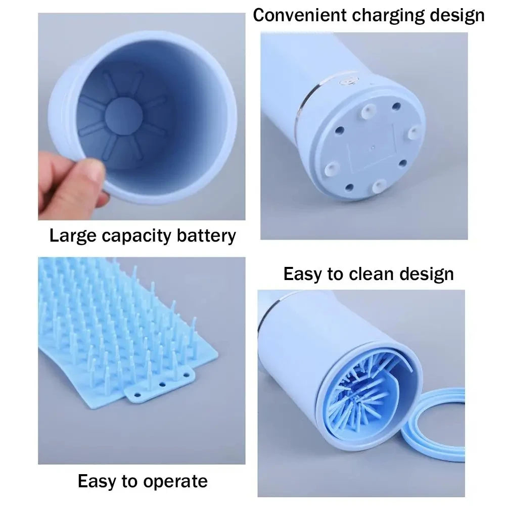 Automatic pet paw cleaner with large battery, USB charging, easy-clean design, and soft bristles for quick dog and cat paw washing