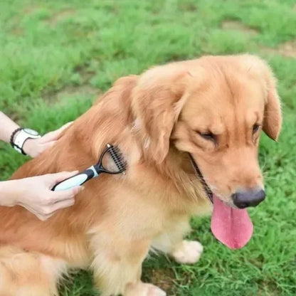 self cleaning pet deshedding brush grooming a golden dog to reduce shedding and prevent matting
