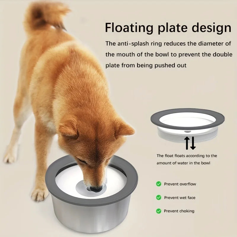 Dog drinking from anti-spill floating water bowl with grey rim, prevents mess and choking.
