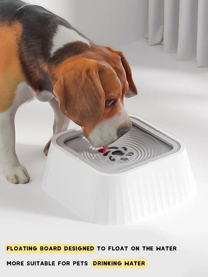 Beagle dog drinking from a white floating water bowl for pets indoors.