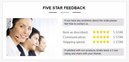 Customer service team with headsets, five star feedback, product communication and shipping rating