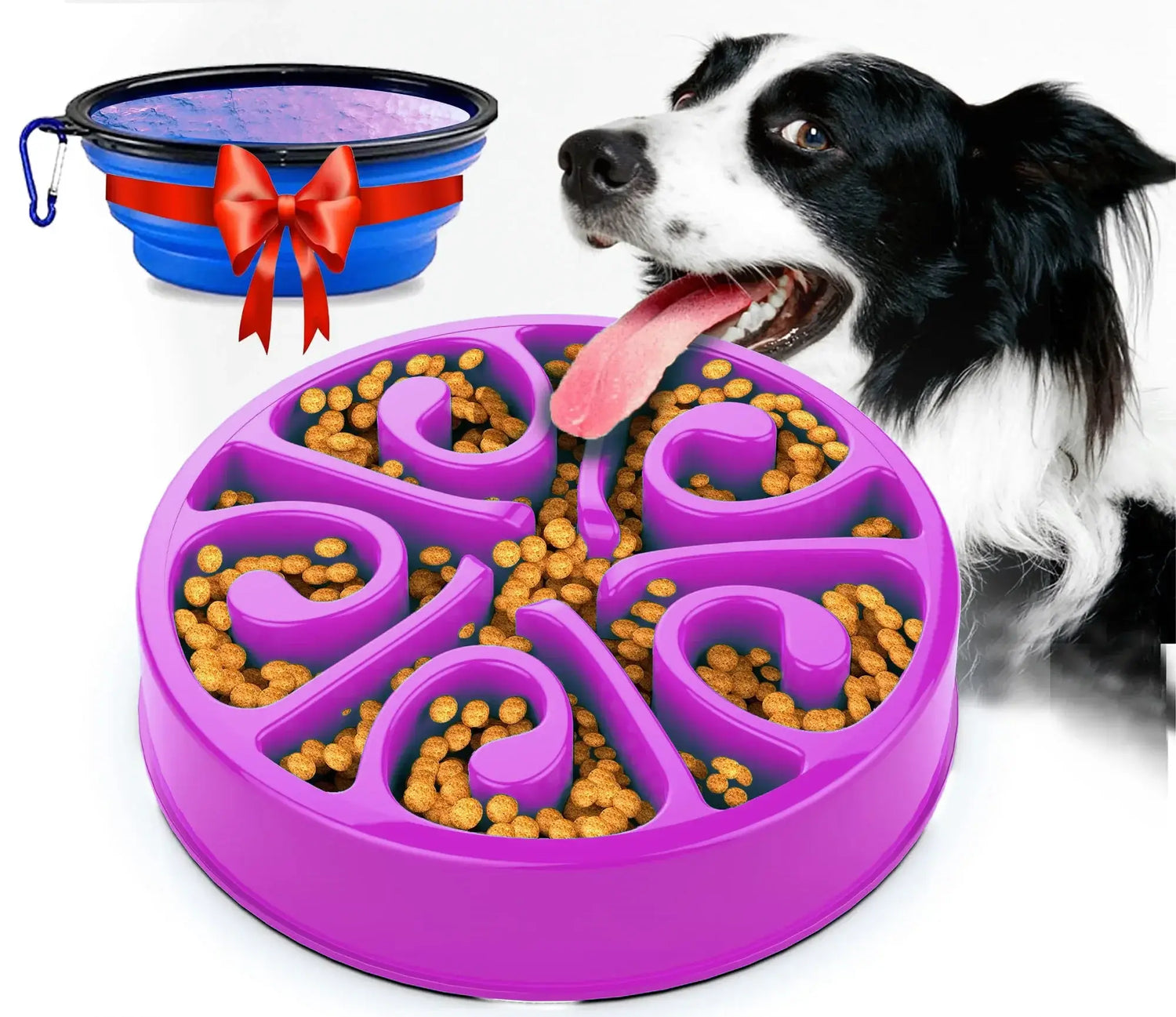 Purple slow feeder dog bowl with anti-gulping maze design for large, medium and small dogs, non-slip and fun feeding