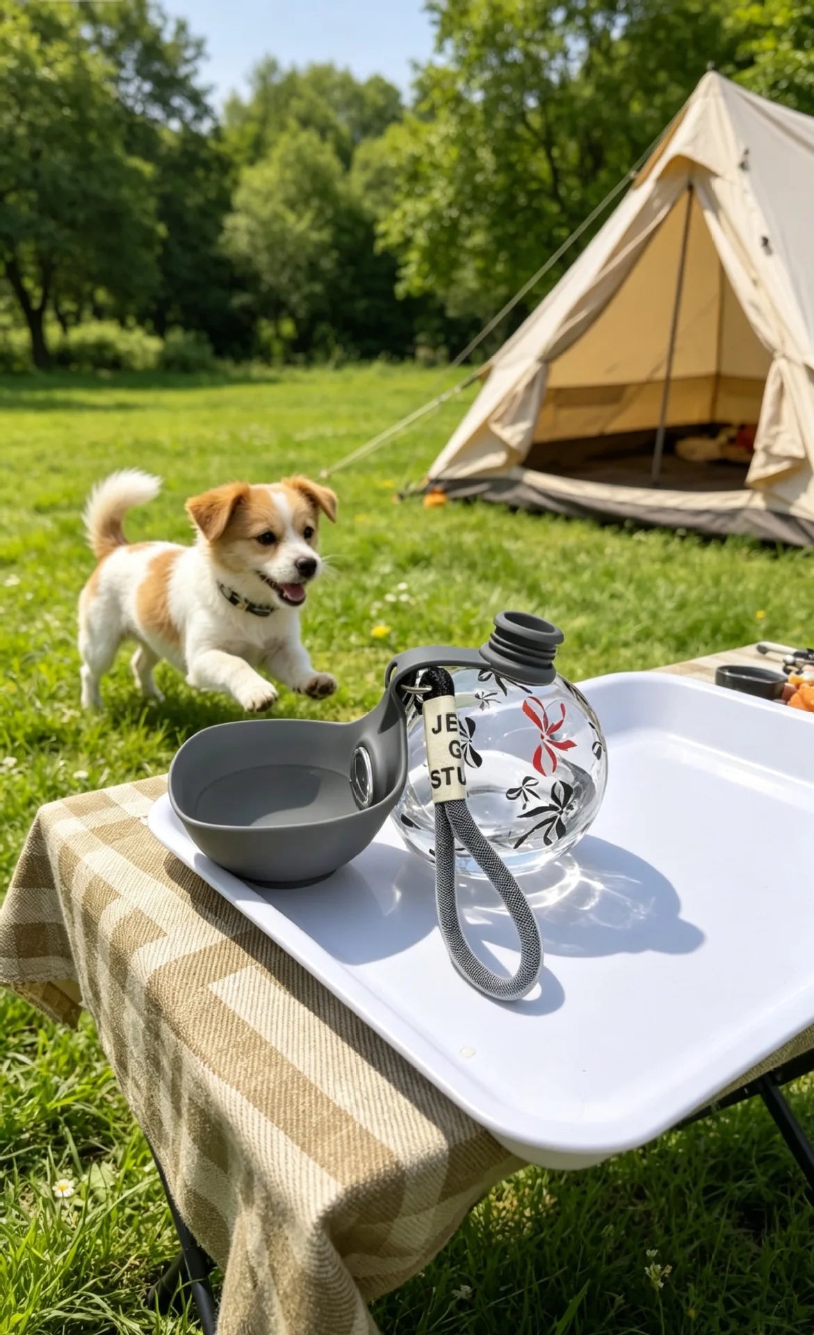 portable dog water bottle with bowl for camping outdoor use, leak-proof pet hydration bottle beside tent