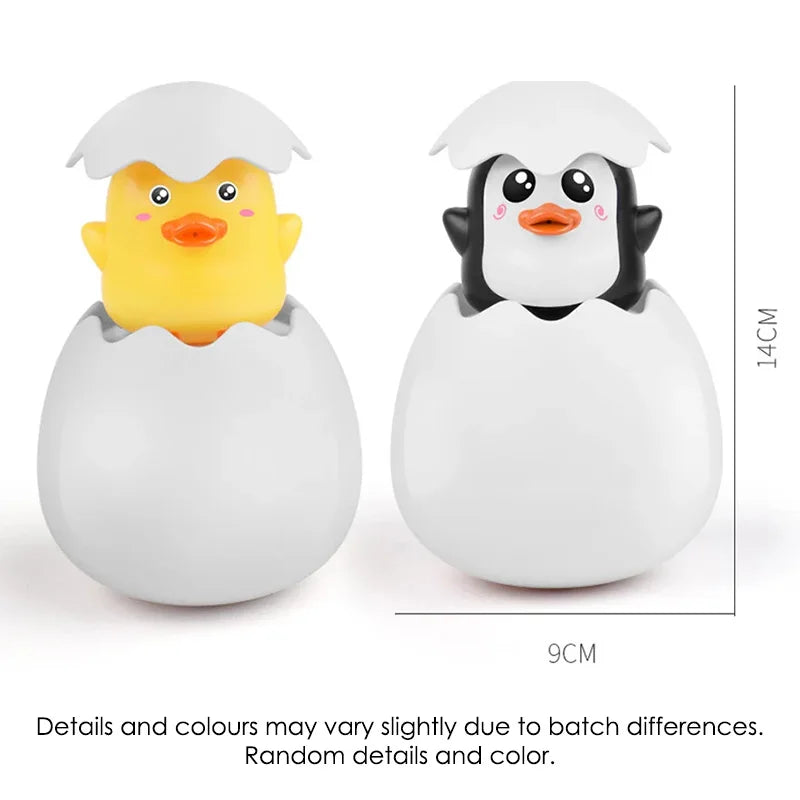Cute baby bath water spray toy duck and penguin in eggshell design, fun bathroom sprinkler for kids