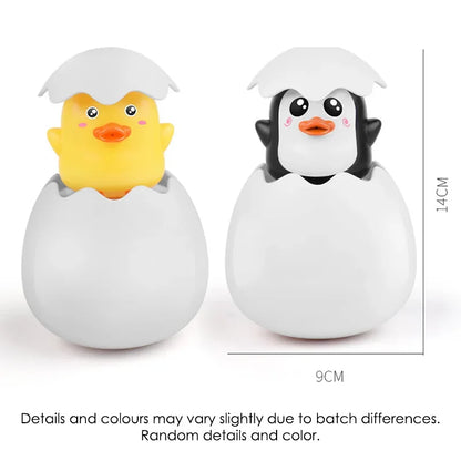 Cute baby bath water spray toy duck and penguin in eggshell design, fun bathroom sprinkler for kids