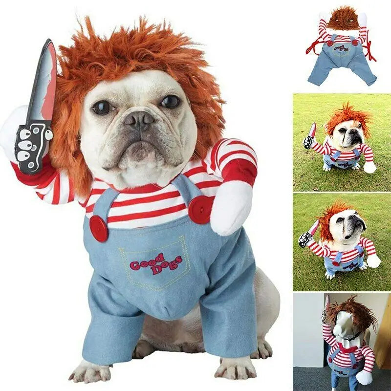 French bulldog wearing striped overalls costume with wig and plush knife, dog Halloween outfit