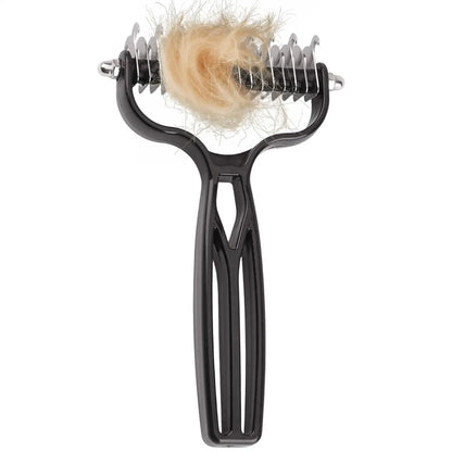 Pet deshedding brush with stainless steel blades for removing loose fur and detangling dog and cat hair