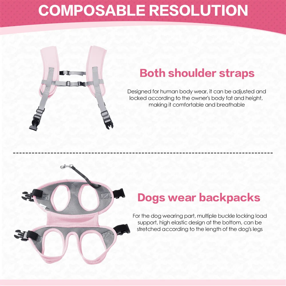 horizontal dog carrier backpack for small dogs with breathable adjustable shoulder straps, pink and gray