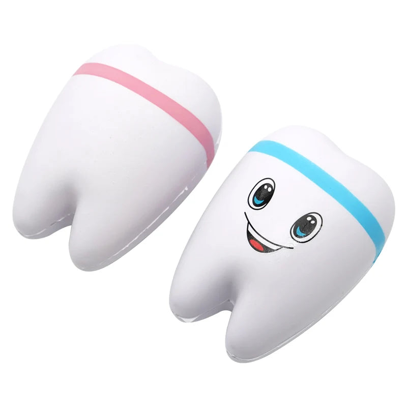 Cute teeth shape squishy toy for kids, slow rising stress relief dental gift in pink and blue cartoon design