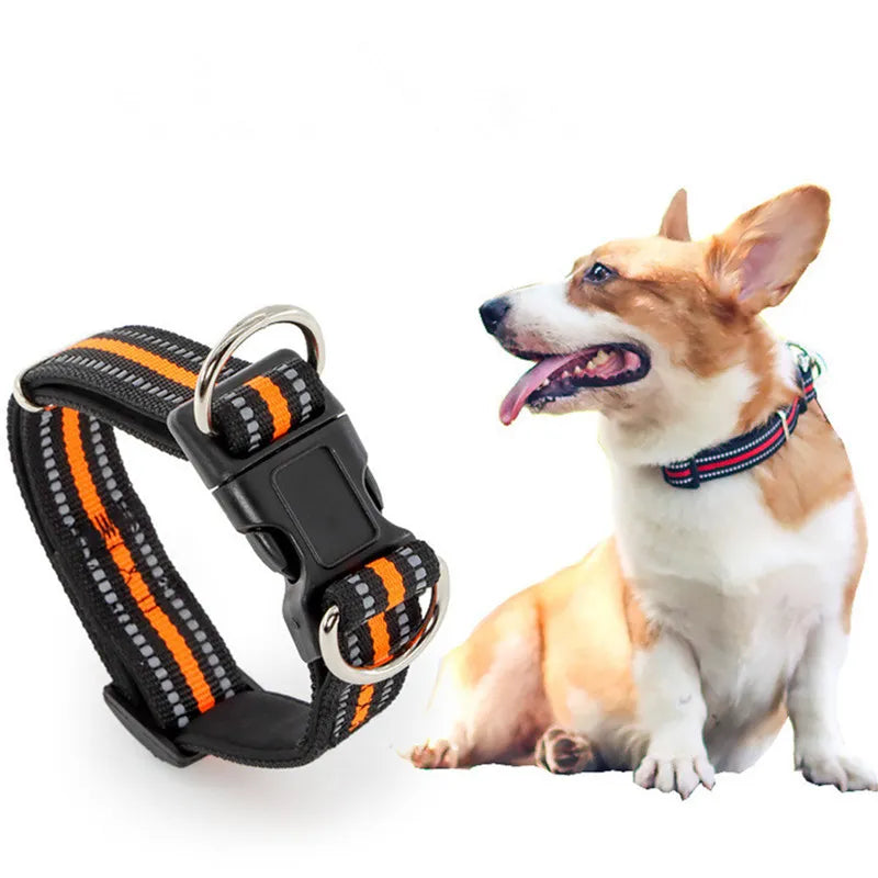 reflective dog collar with adjustable nylon strap and striped design for dogs and cats