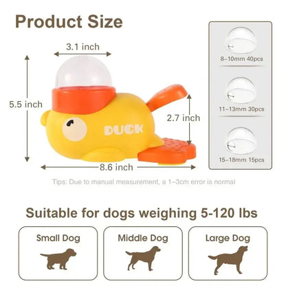 automatic cat treat dispenser duck-shaped interactive pet feeder with size chart for dogs 5-120 lbs