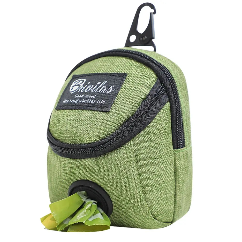 Green dog waste bag dispenser pouch with zipper, clip, and visible waste bags