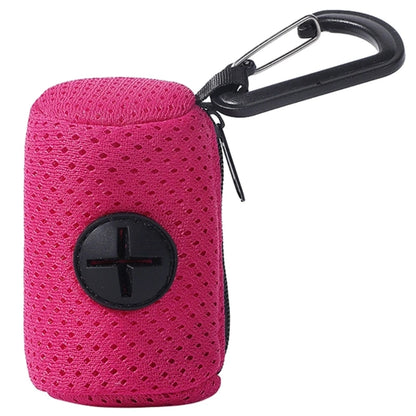 Pink mesh dog waste bag holder with zipper and black carabiner clip