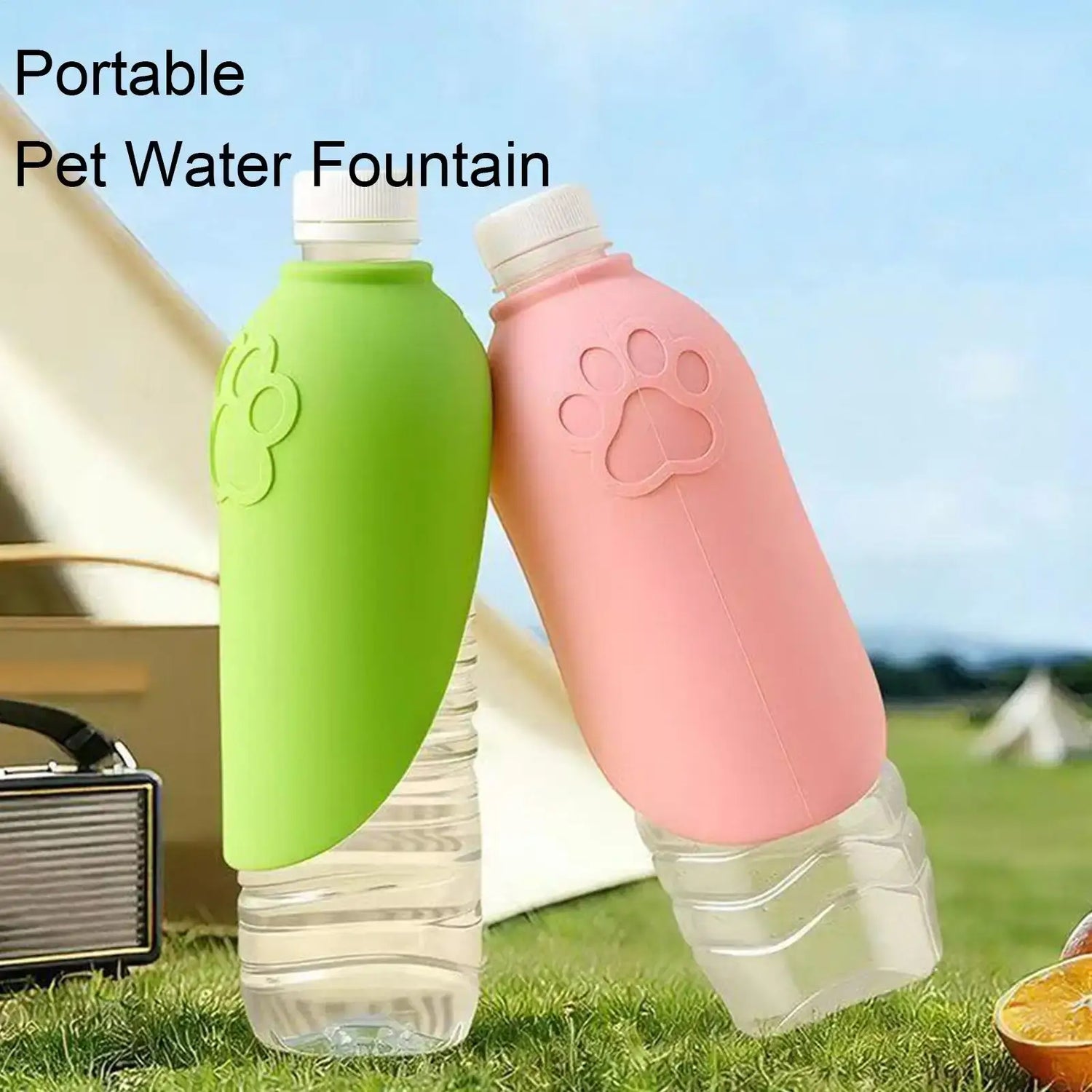 portable dog water bottle foldable pet water fountain for outdoor hiking, green and pink travel pet drink dispenser