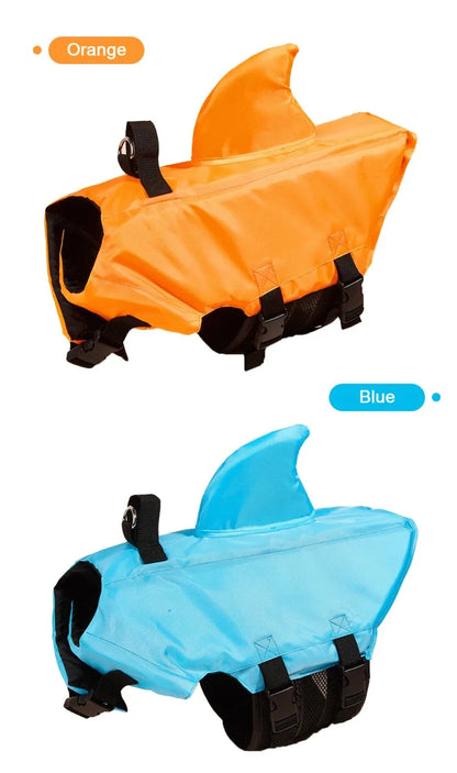 small dog shark fin life jacket for safe swimming, orange and blue dog life vest with handle and buoyant support