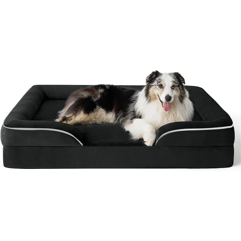 Black orthopedic dog sofa bed with support foam, coral fleece, washable removable cover, extra large all-season pet sofa