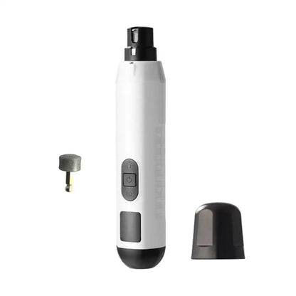 White electric pet nail grinder with 5 speeds, low noise, rechargeable design, grooming attachment and cap for dogs and cats